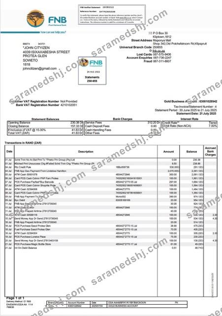 South Africa FNB bank statement Word and PDF template